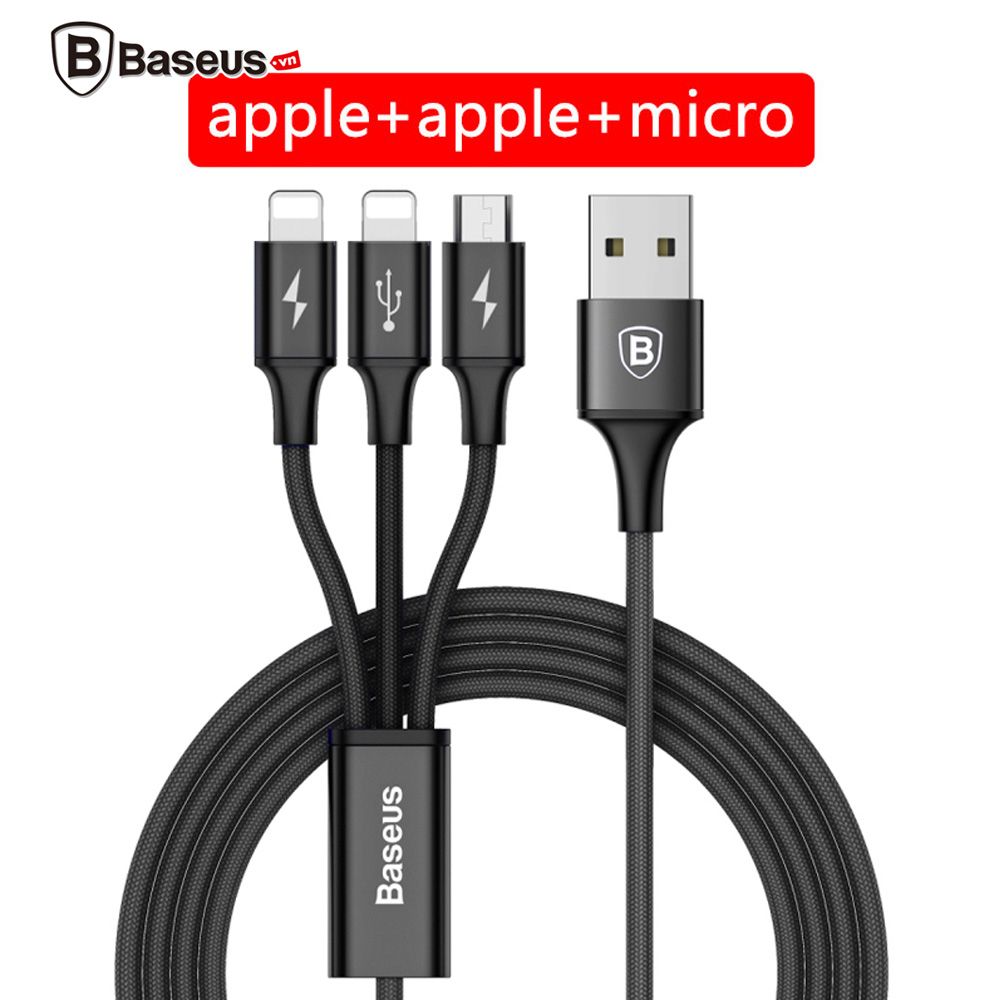 Cáp sạc và truyền dữ liệu tốc độ cao Baseus Rapid Series LV175 tích hợp 3 đầu Lightning x 02 và Micro USB ( USB Type A to Lightning x02 & Micro, 3A)