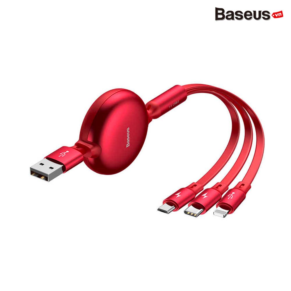 Cáp sạc dây rút Baseus Little Octopus LV389 tích hợp 3 đầu Type C / Micro USB/ Lightning (3A , 1M)