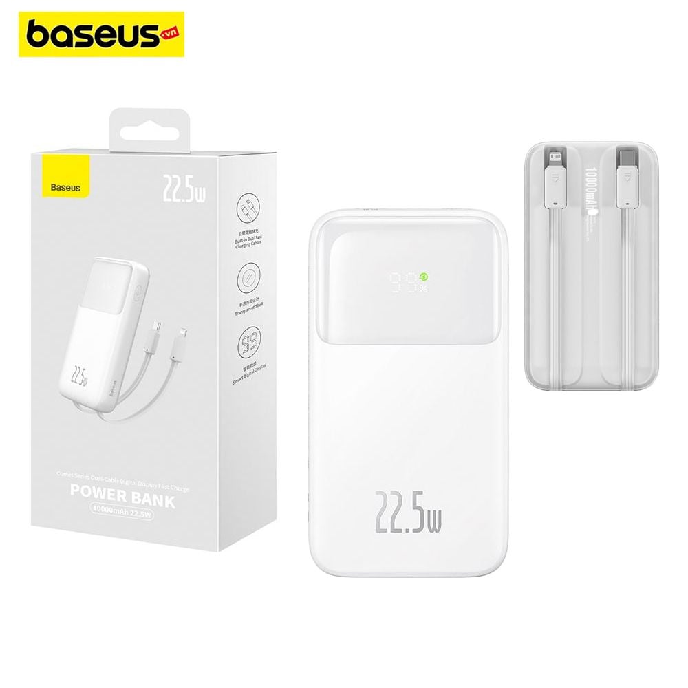 Pin sạc dự phòng Baseus Comet – 10000/20000mAh, 22.5W, tích hợp 2 cáp sạc nhanh (Lightning & Type-C), màn hình LED hiển thị