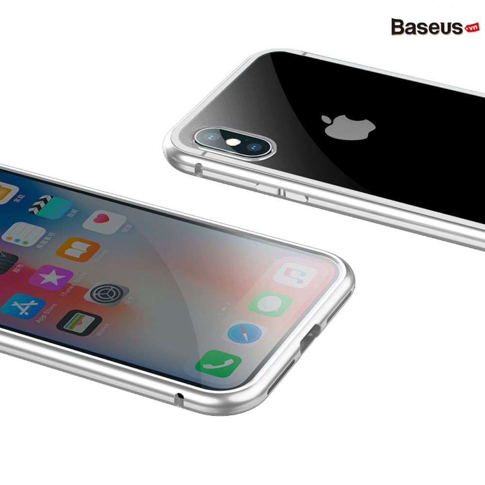 Ốp lưng nam châm Baseus Magnetic Metal Bumper Case cho iPhone X (Khung kim loại siêu bền , chống va đập - Mặt lưng kính cường lực )