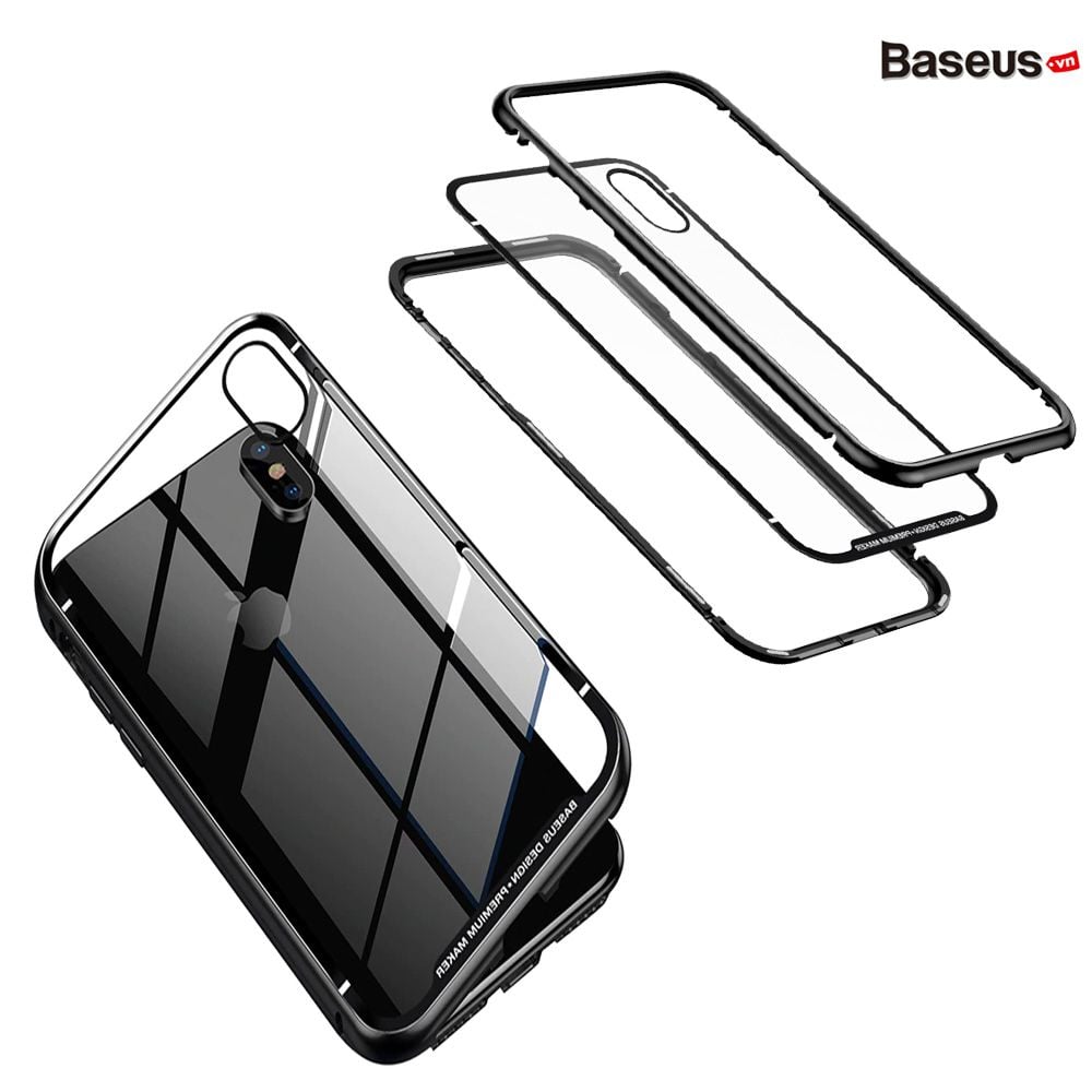 Ốp lưng nam châm Baseus Magnetic Metal Bumper Case cho iPhone X (Khung kim loại siêu bền , chống va đập - Mặt lưng kính cường lực )