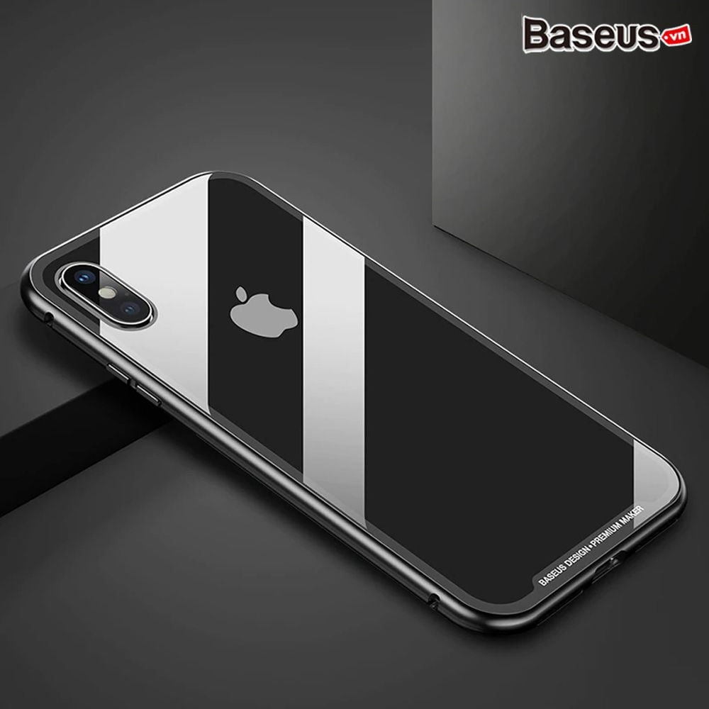 Ốp lưng nam châm Baseus Magnetic Metal Bumper Case cho iPhone X (Khung kim loại siêu bền , chống va đập - Mặt lưng kính cường lực )