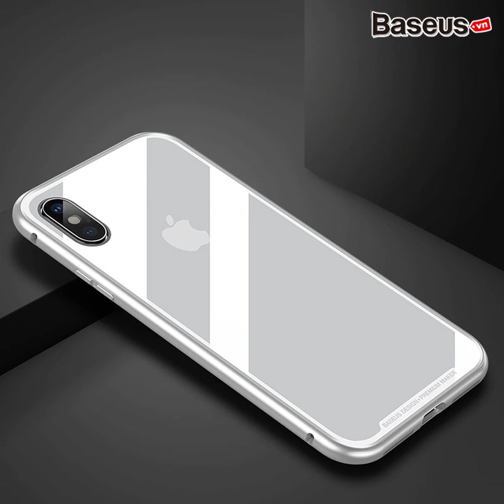 Ốp lưng nam châm Baseus Magnetic Metal Bumper Case cho iPhone X (Khung kim loại siêu bền , chống va đập - Mặt lưng kính cường lực )