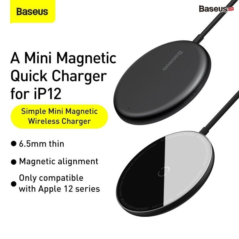 Đế sạc không dây nam châm Baseus Simple Mini Magnetic Wireless Charger dùng cho iPhone 12 Series /Samsung (15W, Wireless Magsafe Quick charger)