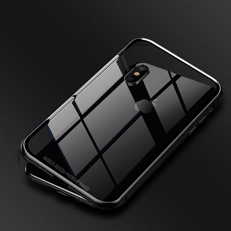 Ốp lưng nam châm Baseus Magnetic Metal Bumper Case cho iPhone X (Khung kim loại siêu bền , chống va đập - Mặt lưng kính cường lực )