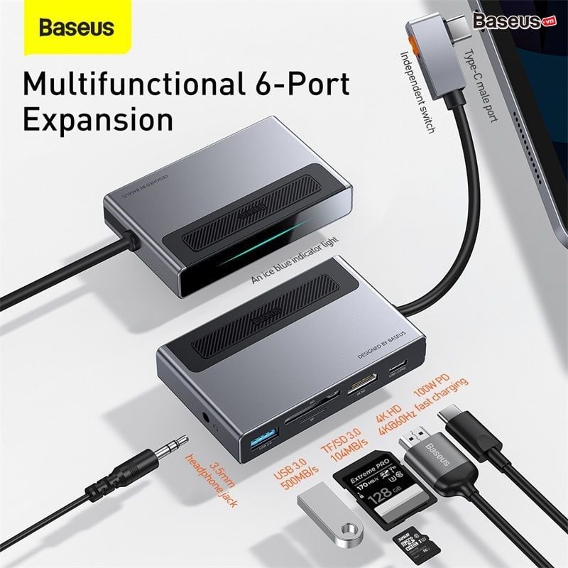 Hub 6 in 1 Baseus Magic – Type-C to HDMI 4K, USB 3.0, SD/TF, AUX 3.5mm, PD 100W, gắn iPad/Macbook/Surface Pro 7 tiện lợi
