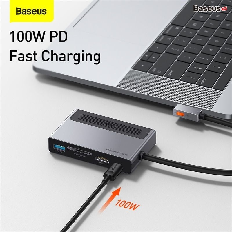 Hub 6 in 1 Baseus Magic – Type-C to HDMI 4K, USB 3.0, SD/TF, AUX 3.5mm, PD 100W, gắn iPad/Macbook/Surface Pro 7 tiện lợi