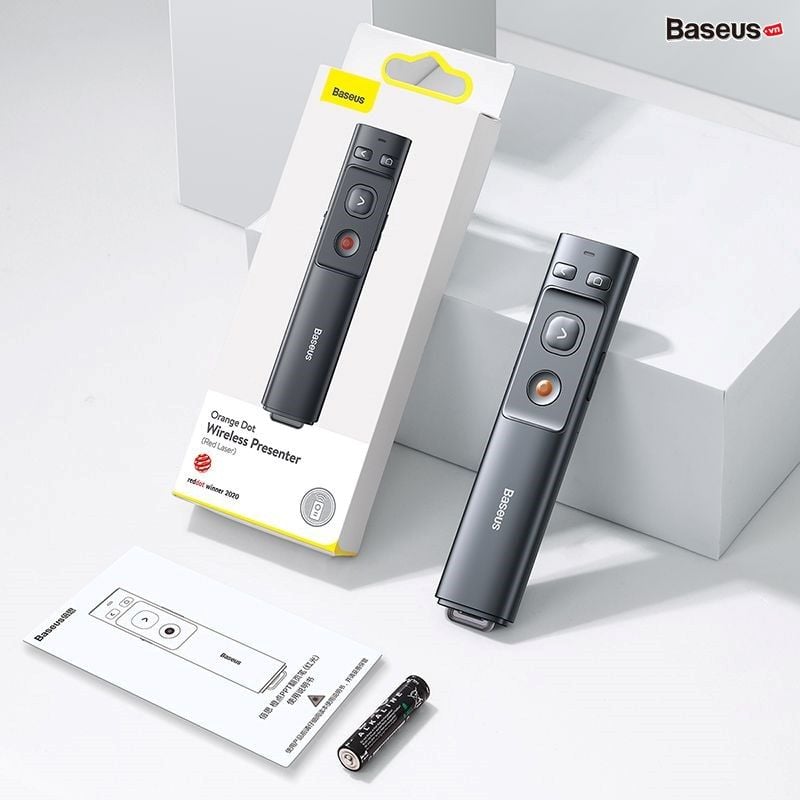 Bút trình chiếu Baseus Orange Dot – Laser đỏ, 100m, điều khiển không dây, USB/Type-C, cho Laptop/MacBook