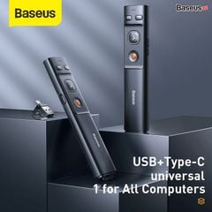 Bút trình chiếu Baseus Orange Dot – Laser đỏ, 100m, điều khiển không dây, USB/Type-C, cho Laptop/MacBook
