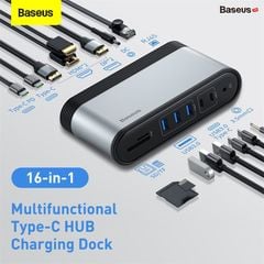 Hub chuyển đa năng Baseus Working Station Four-Screen 16 in 1 Multifunctional Type-C HUB Adapter (Xuất 4 màn hình cùng lúc, CN+EU+US)