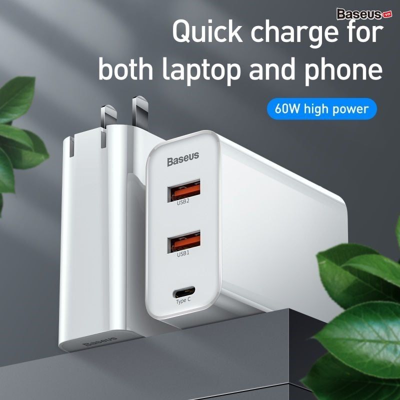 Bộ sạc nhanh đa năng, công suất cao Baseus PPS Quick Charger 60W cho Smartphone/ Tablet/ Laptop (3 ports, Type C+ Dual USB, PPS/ PD/ QC Full Quick Charge Protocol )