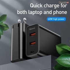 Bộ sạc nhanh đa năng, công suất cao Baseus PPS Quick Charger 60W cho Smartphone/ Tablet/ Laptop (3 ports, Type C+ Dual USB, PPS/ PD/ QC Full Quick Charge Protocol )