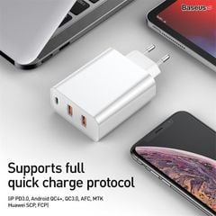 Bộ sạc nhanh đa năng, công suất cao Baseus PPS Quick Charger 60W cho Smartphone/ Tablet/ Laptop (3 ports, Type C+ Dual USB, PPS/ PD/ QC Full Quick Charge Protocol )