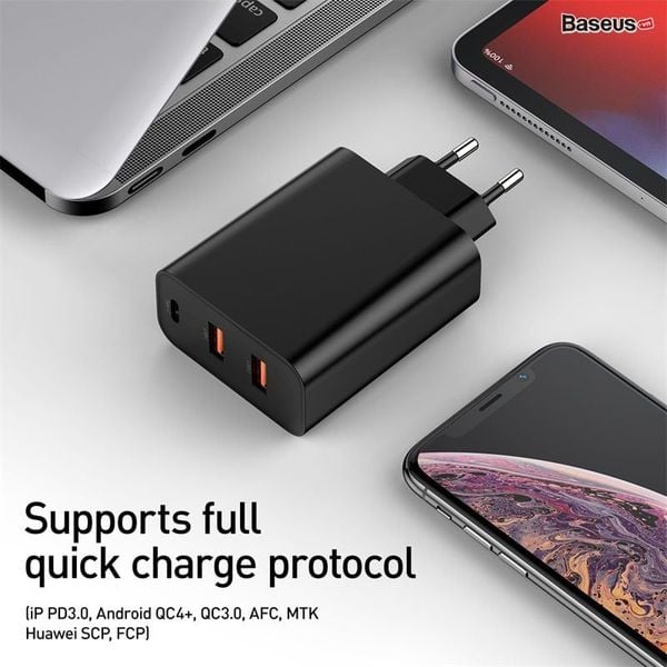 Bộ sạc nhanh đa năng, công suất cao Baseus PPS Quick Charger 60W cho Smartphone/ Tablet/ Laptop (3 ports, Type C+ Dual USB, PPS/ PD/ QC Full Quick Charge Protocol )