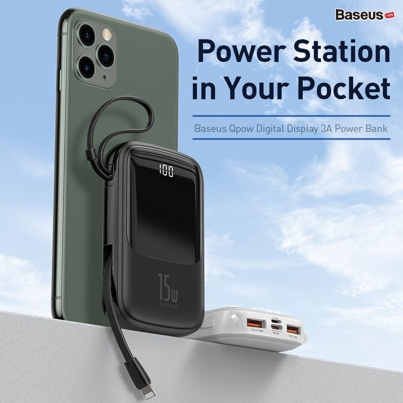 Pin dự phòng tích hợp cáp sạc Baseus Q Pow Digital Display 10,000mAh (3A/ 15W, Fast Charge Power Bank With Cable )