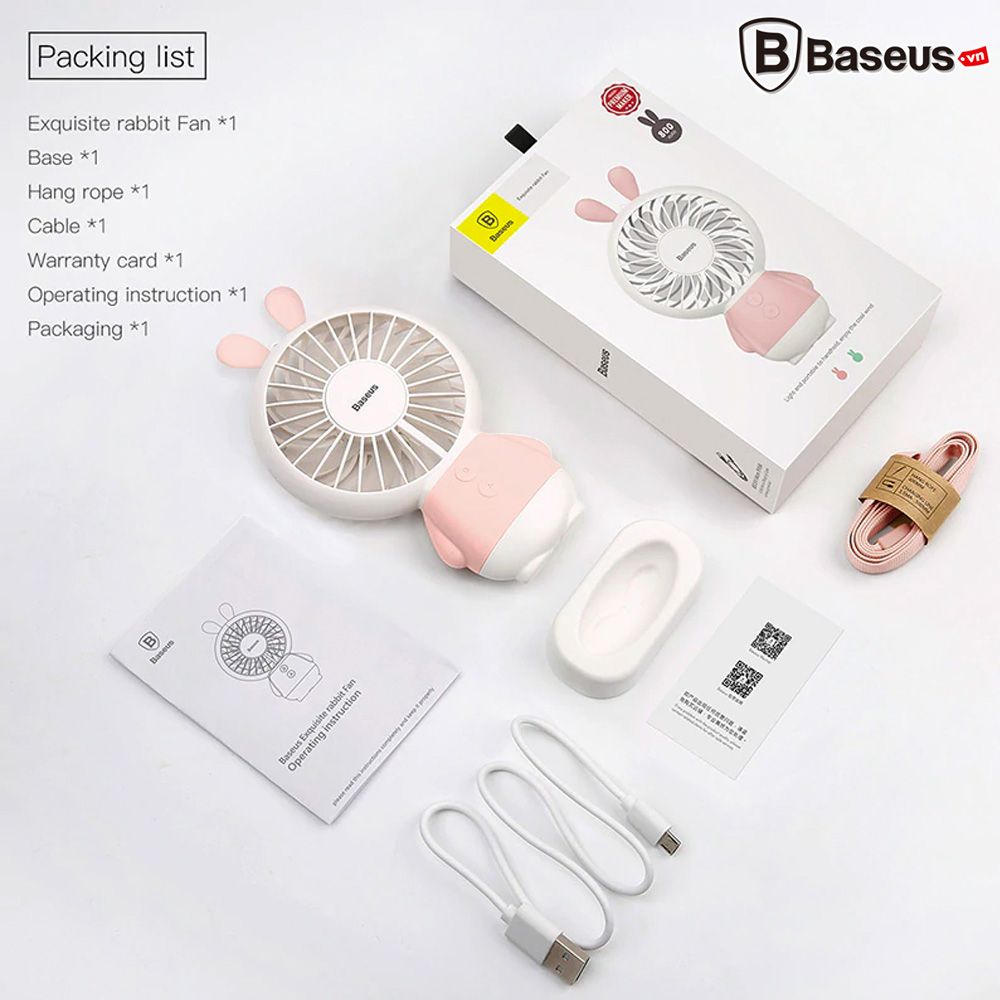 Quạt mini cầm tay có đèn hình chú Thỏ với 2 mức tốc độ Baseus LED Rabbit Fan LV077 (2-Speed Adjustable Portable Mini Hand Fans)