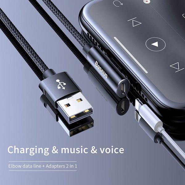 Cáp sạc tích hợp đầu chia Lightning 1 thành 2 Baseus Rhythm Bent Connector Audio and Charging Cable dùng cho iPhone/iPad