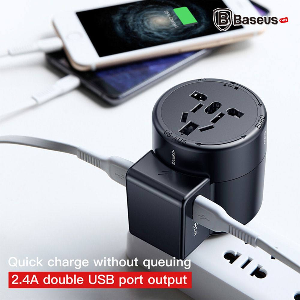 Bộ sạc chân cắm xoay đa năng Baseus Rotation Type Universal 2 Port USB 2.4A (US/ UK/ EU/ AU, Universal USB Travel Charger/ Adapter)