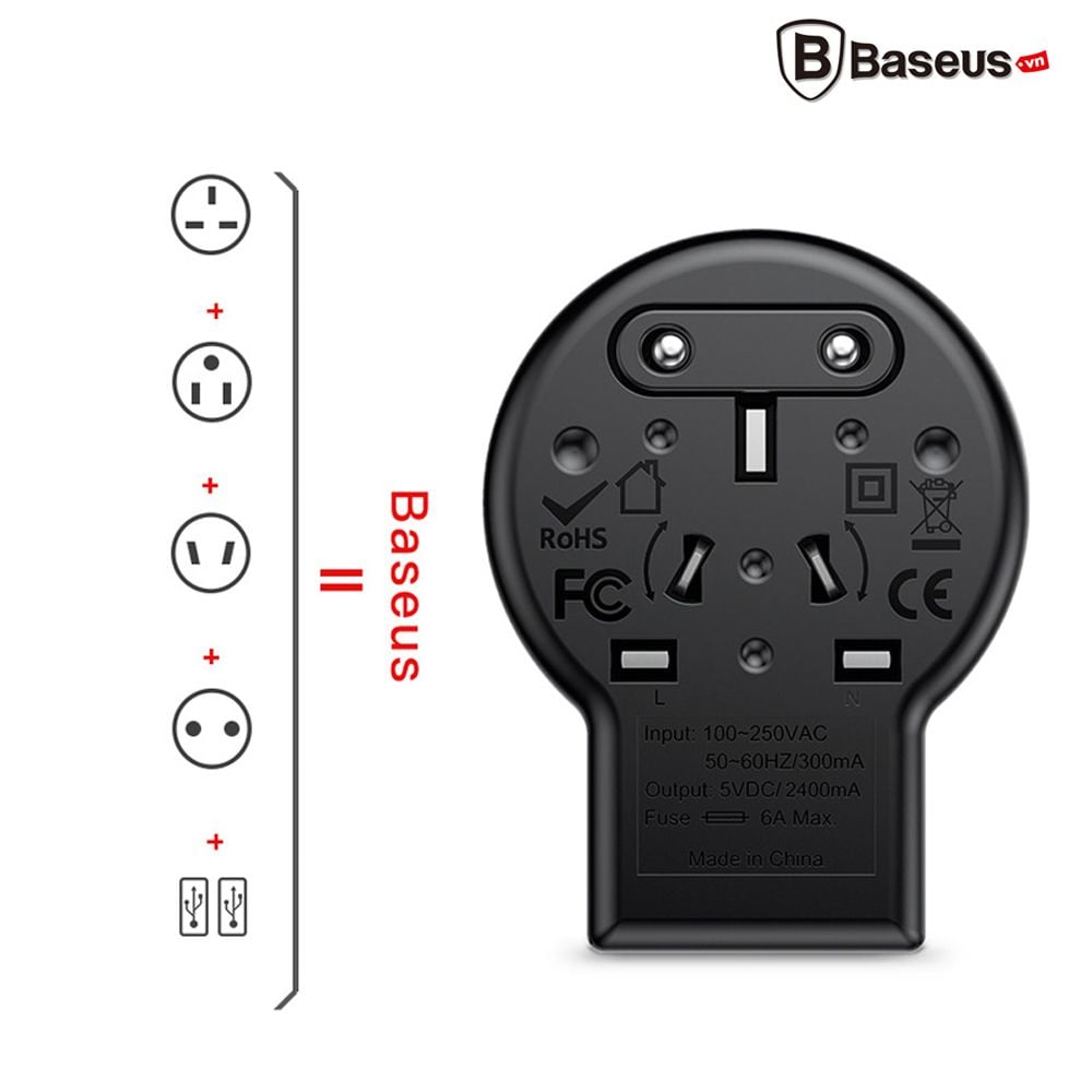 Bộ sạc chân cắm xoay đa năng Baseus Rotation Type Universal 2 Port USB 2.4A (US/ UK/ EU/ AU, Universal USB Travel Charger/ Adapter)
