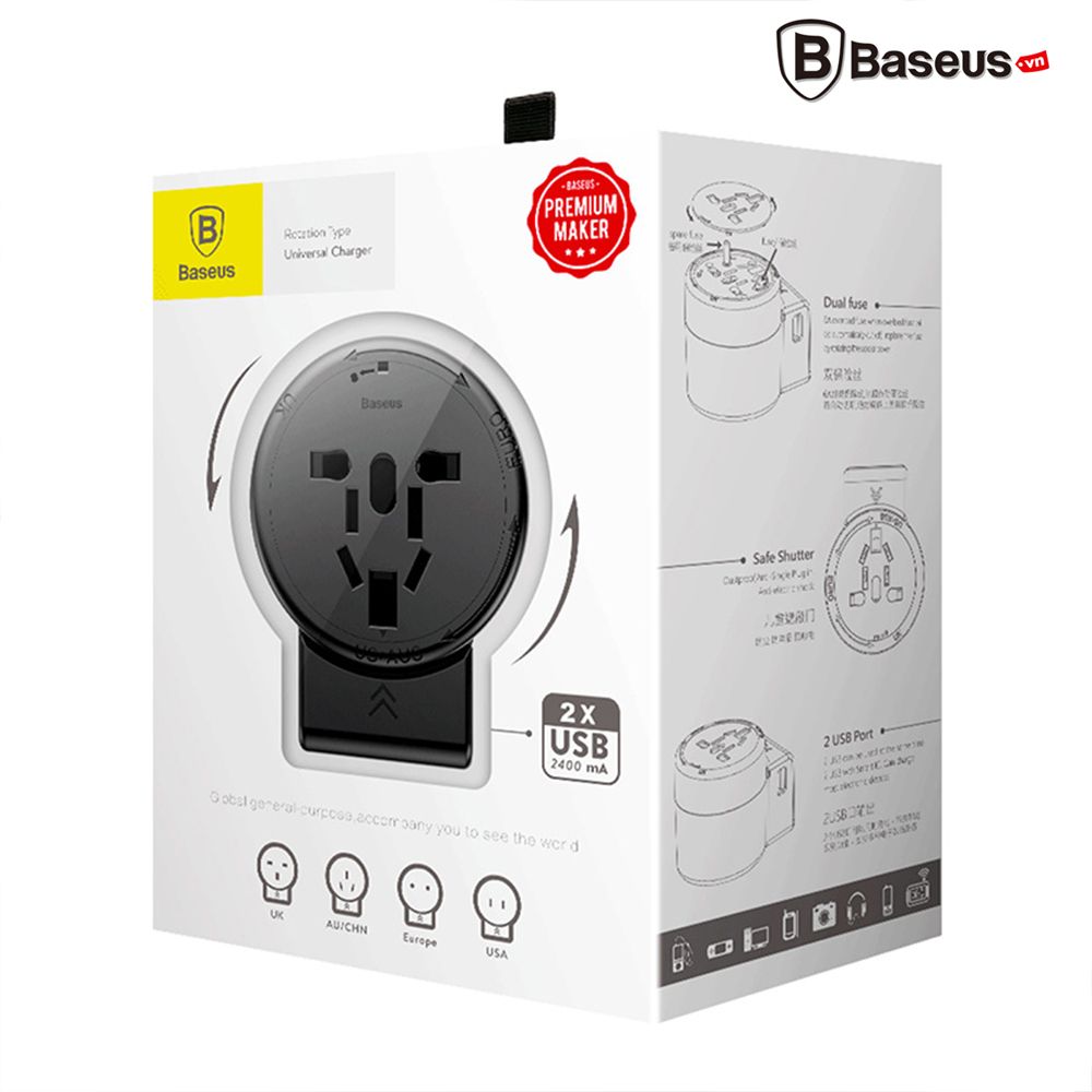 Bộ sạc chân cắm xoay đa năng Baseus Rotation Type Universal 2 Port USB 2.4A (US/ UK/ EU/ AU, Universal USB Travel Charger/ Adapter)