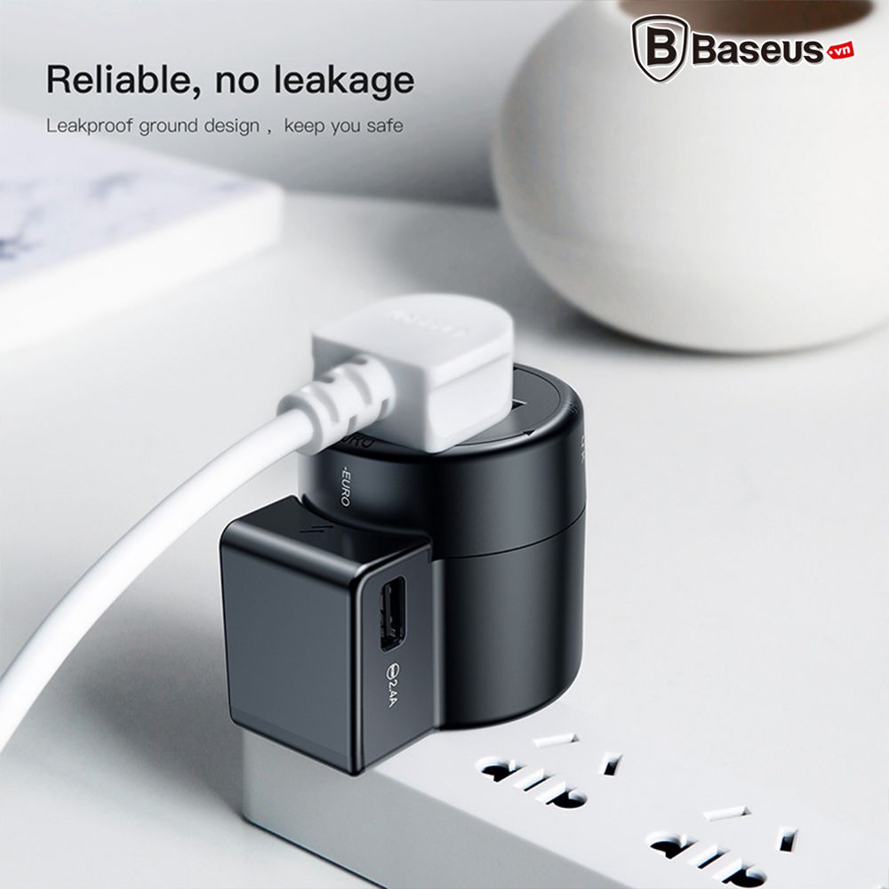 Bộ sạc chân cắm xoay đa năng Baseus Rotation Type Universal 2 Port USB 2.4A (US/ UK/ EU/ AU, Universal USB Travel Charger/ Adapter)