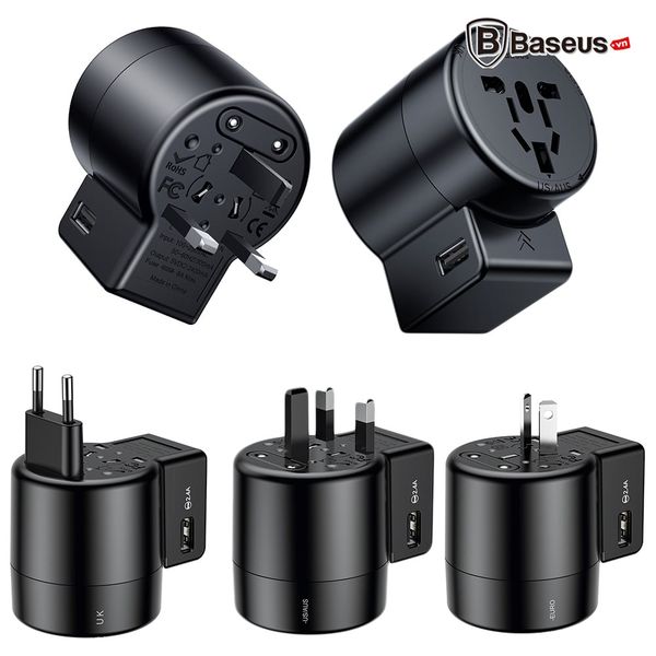 Bộ sạc chân cắm xoay đa năng Baseus Rotation Type Universal 2 Port USB 2.4A (US/ UK/ EU/ AU, Universal USB Travel Charger/ Adapter)