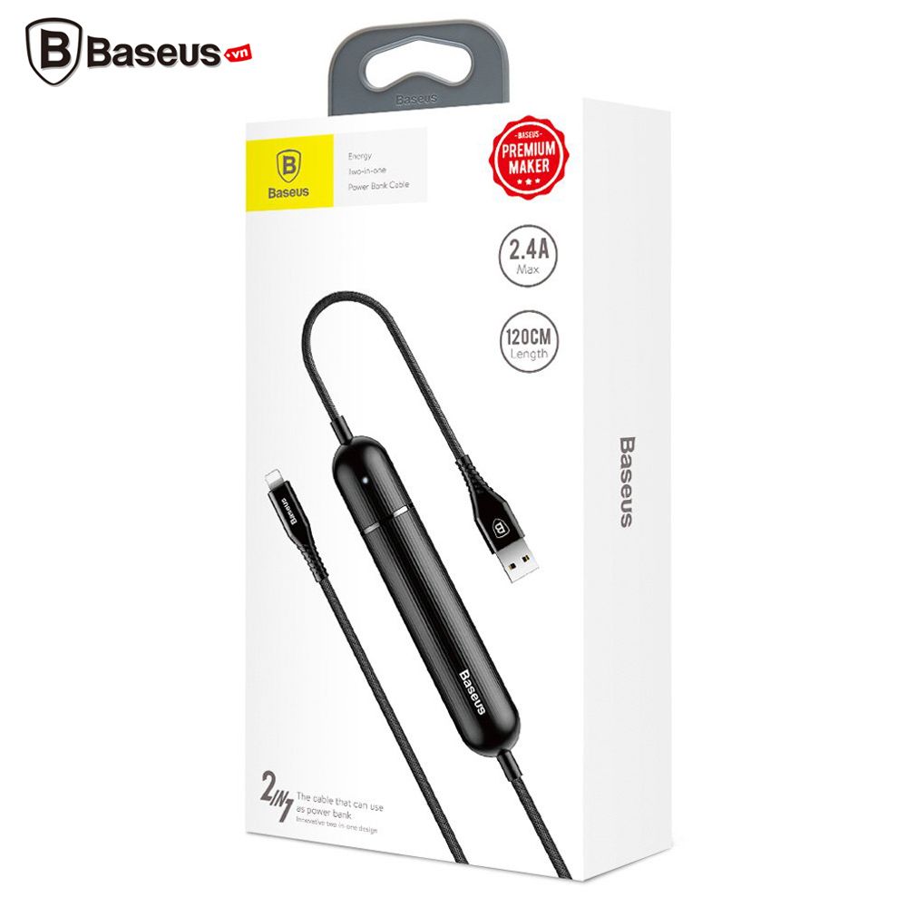 Cáp sạc tích hợp pin dự phòng Baseus 2in1 Ngân hàng điện bên ngoài Batterie 2500 mAh + USB / Lightning cáp 2.4A đen