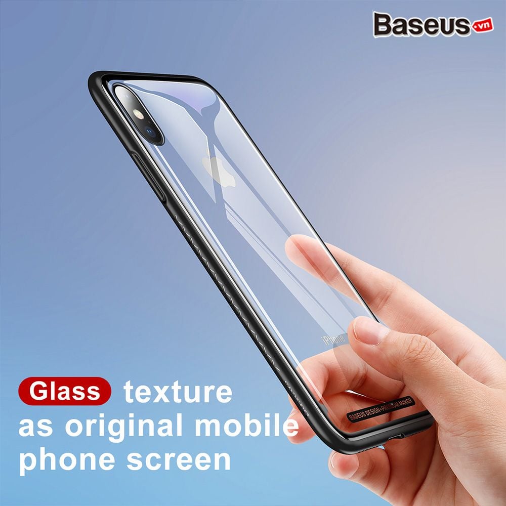 Ốp lưng kính cường lực viền Silicone chống sốc Baseus See-through Glass Case cho iphone X (Tempered Glass + Soft Silicone )