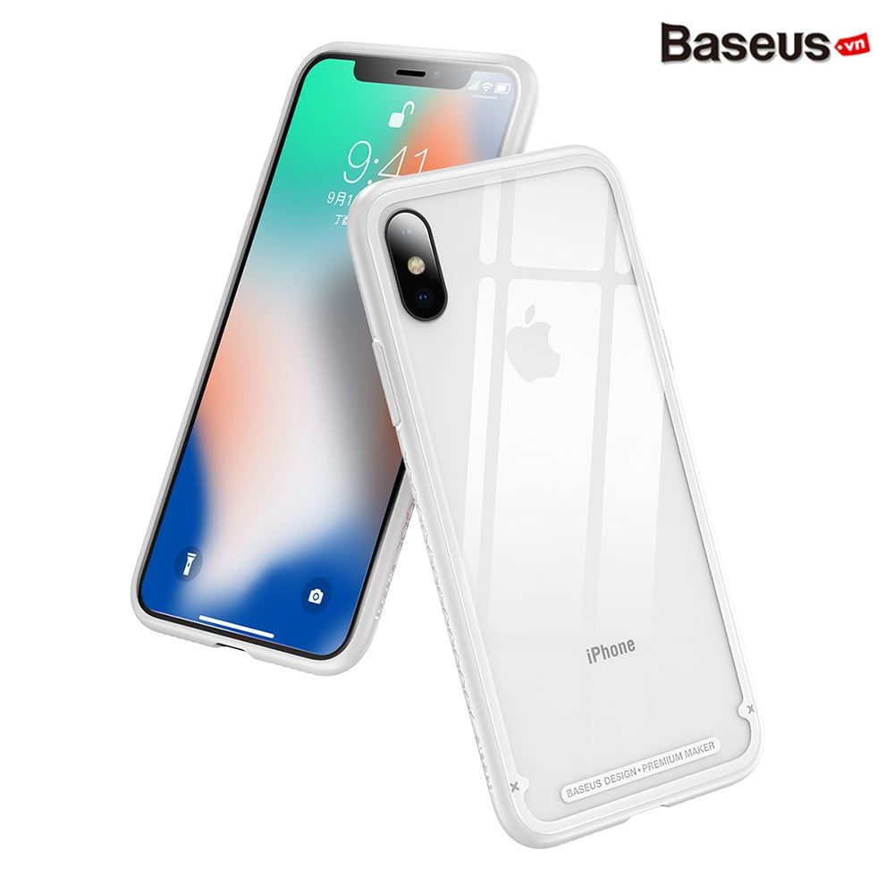 Ốp lưng kính cường lực viền Silicone chống sốc Baseus See-through Glass Case cho iphone X (Tempered Glass + Soft Silicone )