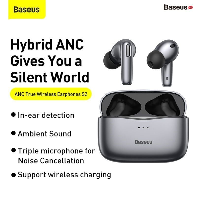 Tai nghe chống ồn chủ động Baseus SIMU ANC S2 (Chống ồn chủ động, Xuyên Âm, Hi-Fi/Stereo, AAC/SBS, Dual Core DSP, True Wireless Earphones)