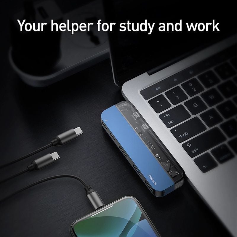 Bộ Hub đa năng Baseus Transparent Series 5 in 1 Multifunctional HUB dùng cho Macbook/iPad Pro ( Single Type-C to Type-C*2+USB3.0*2+HDMI)