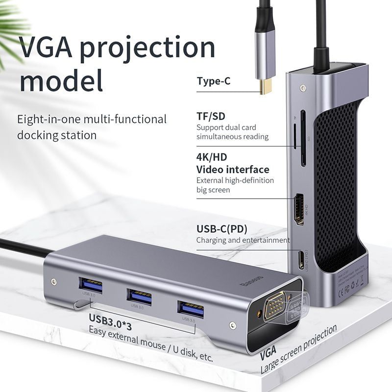 Hub chuyển đa năng Baseus Square Desk Type-C Multi-functional HUB ( Type-C to USB3.0x3 + Type-C (PD)+TF/SD + HDMI 4K + VGA  / RJ-45 LAN)