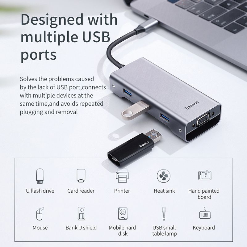 Hub chuyển đa năng Baseus Square Desk Type-C Multi-functional HUB ( Type-C to USB3.0x3 + Type-C (PD)+TF/SD + HDMI 4K + VGA  / RJ-45 LAN)