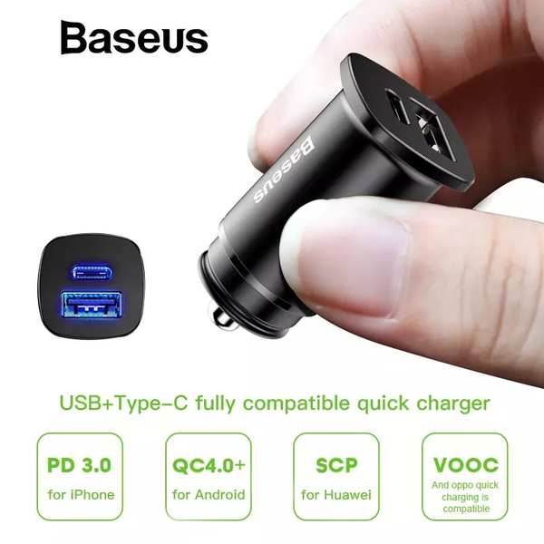 Bộ tẩu sạc nhanh đa năng dùng cho xe hơi Baseus Square Metal Type C + USB PPS Car Charger (30W, PD/ QC 4.0/ SCP/ AFC, Quick Charger )