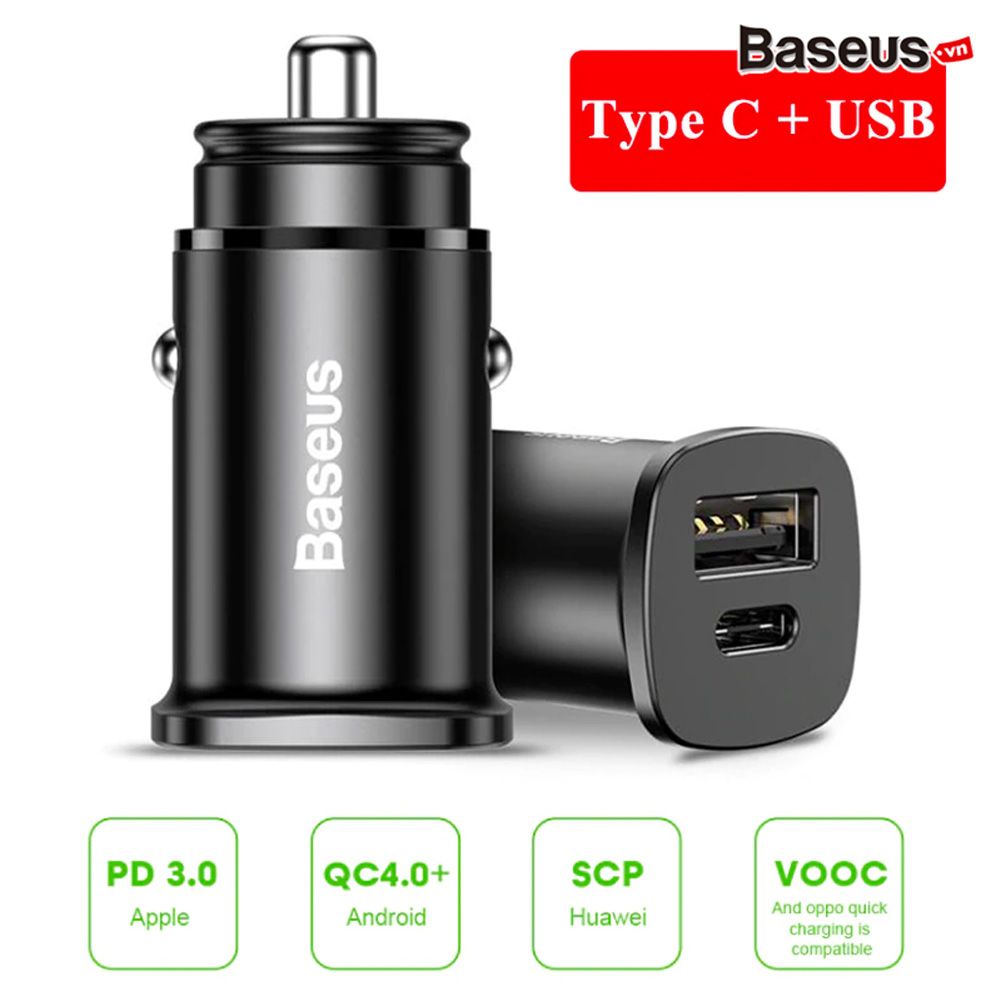 Bộ tẩu sạc nhanh đa năng dùng cho xe hơi Baseus Square Metal Type C + USB PPS Car Charger (30W, PD/ QC 4.0/ SCP/ AFC, Quick Charger )