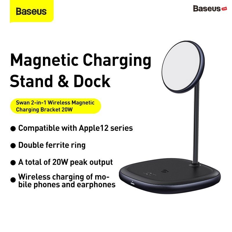 Đế giữ điện thoại magsafe kiêm sạc không dây dành cho các dòng iPhone 12 Baseus Swan 2-in-1 Wireless Magnetic Charging Bracket 20W