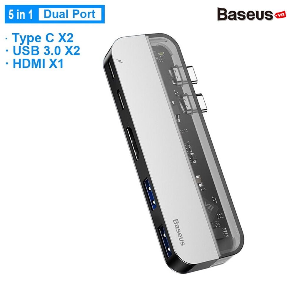 Bộ Hub đa năng Baseus Transparent Series 5 in 1 Multifunctional HUB dùng cho Macbook/iPad Pro ( Single Type-C to Type-C*2+USB3.0*2+HDMI)