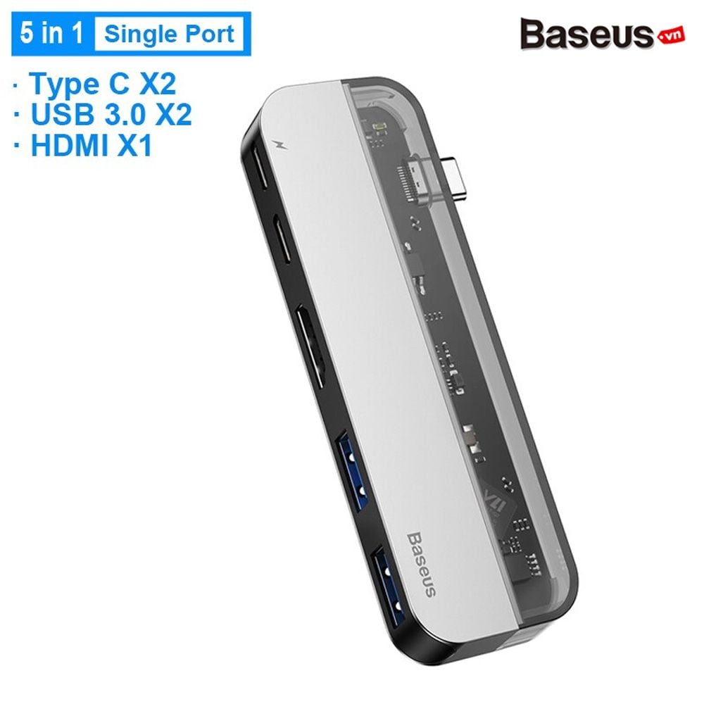 Bộ Hub đa năng Baseus Transparent Series 5 in 1 Multifunctional HUB dùng cho Macbook (Dual Type-C to Type-C*2+USB3.0*2+HDMI)