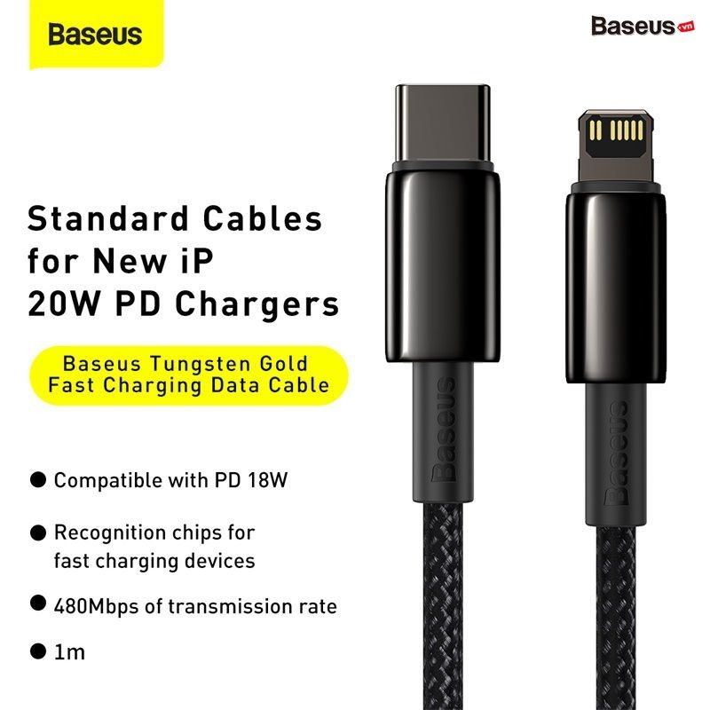 Cáp sạc nhanh, siêu bền C to Lightning 20W Baseus Tungsten Gold dùng cho iPhone 12/iP11 Series/iP XS Max (20W, Fast Charging & Data Cable)