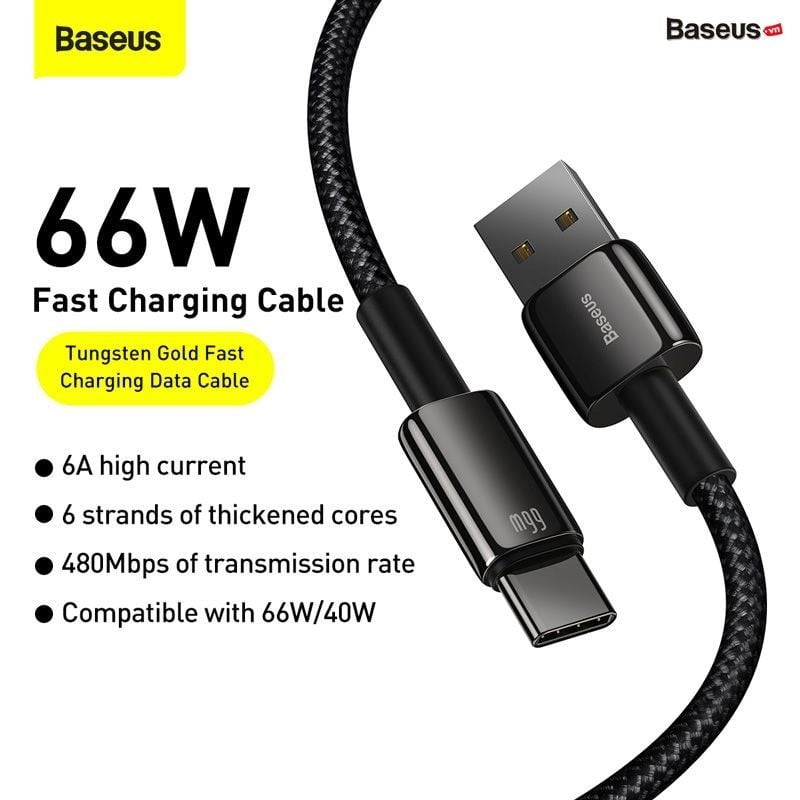 Cáp sạc nhanh Baseus Tungsten Gold Type C Fast Charging Data Cable (100W/66W/ 480Mbps, Fast Charge Cable)