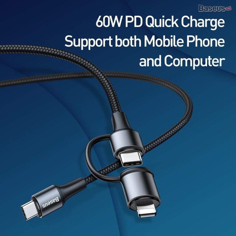 Cáp sạc nhanh 2 đầu tích hợp Baseus Twins 2 in 1 dùng cho Android/ iPhone/ iPad/ Macbook (Type C to Type-C/ Lightning, 60W PD/ QC3.0 Quick Charge & Sync Data Cable)