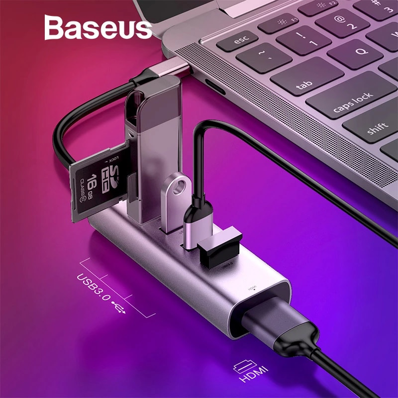 Hub chuyển Type C to USB 3.0 và HDMI Baseus Enjoy Series  (Type C to USB 3.0 x4 Ports + HDMI 4K,  5 in 1 intelligent HUB Adapter )