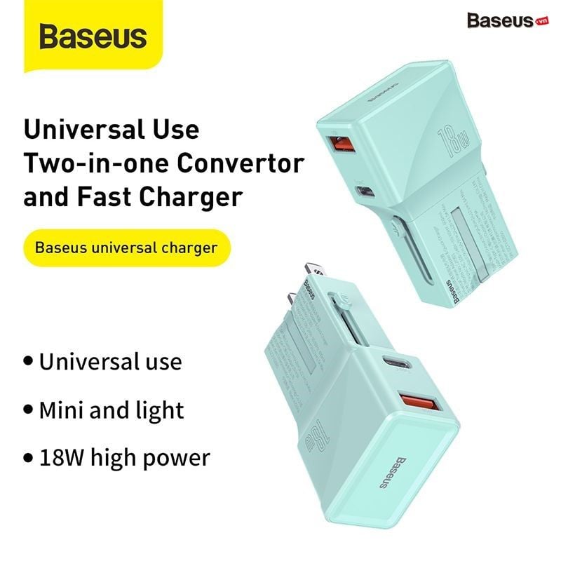 Cốc sạc du lịch đa năng Baseus Universal conversion plug PPS charger C+U Youth Edition (18W, 100 - 240V)