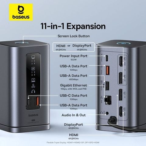 Hub Mở Rộng Kết Nối Đa Năng Baseus Spacemate Series 11-in-1 (WIN) Docking Station Space Grey (Type-C to 2*HDMI 4K@60Hz+2*DP 4K@60Hz+2*USB-A (10Gbps)+1*USB-C (10Gbps)+1*RJ45+1*USB-A (480Mbps)+1*USB-C (PD)+1*3.5mm Audio)