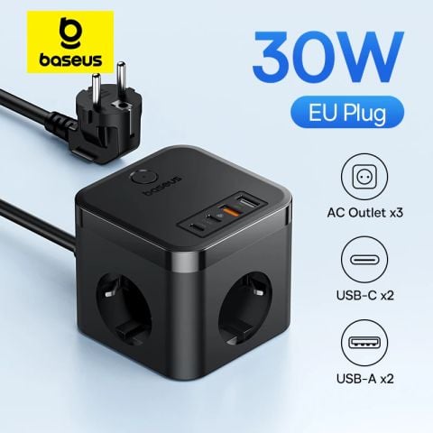 Bộ Sạc Nhanh Baseus PowerCombo Cube Power Strip 3AC+2U+2C 30W 1.5m