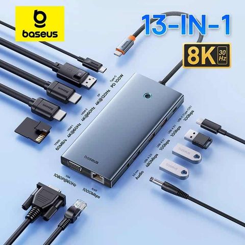 Hub Mở Rộng Kết Nối Đa Năng 13-in-1 Baseus PortalJoy Series (Type-C to HDMI 4K@60Hz*2+DP 4K@60Hz*1+VGA 1080P@60Hz*1+USB3.1*2+Type-C3.1*1+USB2.0*1+PD*1+RJ45*1+SD/TF*1+3.5mm*1)