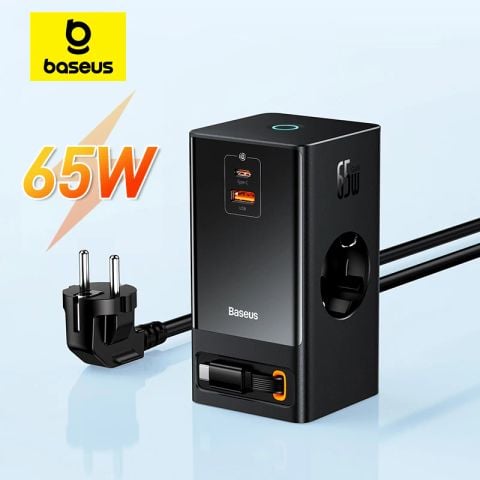 Bộ Sạc Nhanh Tích Hợp Dây Nguồn Nối Dài Baseus PowerCombo Digital PowerStrip 2AC+1U+1C+Retractable-C 65W Smart Version with 1.5m power cord EU