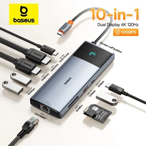 Hub Mở Rộng Kết Nối Baseus Metal Gleam Series II 10-in-1 (1*HDMI4K@120Hz+1*HDMI4K@60Hz+1*RJ45 GbE, 1*SD/TF, 1*PD, 1*Type-C 3.2Gen1 10Gbps, 2*USB2.0, 1*USB3.0)
