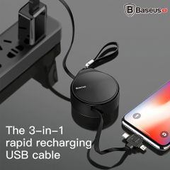 Cáp sạc nhanh dây rút gọn Baseus Waterdrop LV271 tích hợp 3 đầu Type C / Micro USB/ Lightning (1.5A, 1.5M, cáp dẹp, Quick Charge 3.0)