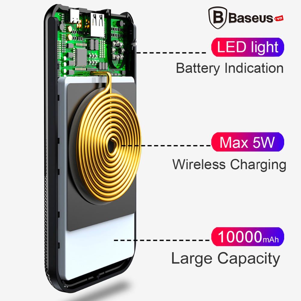 Pin sạc dự phòng không dây Baseus X Lighting LV268 cho iPhone 8/ iPhoneX/ S8/S9/N8/N9 (10,000mAh, 2A, 5W Qi Wireless Charger, Type C Power Bank)